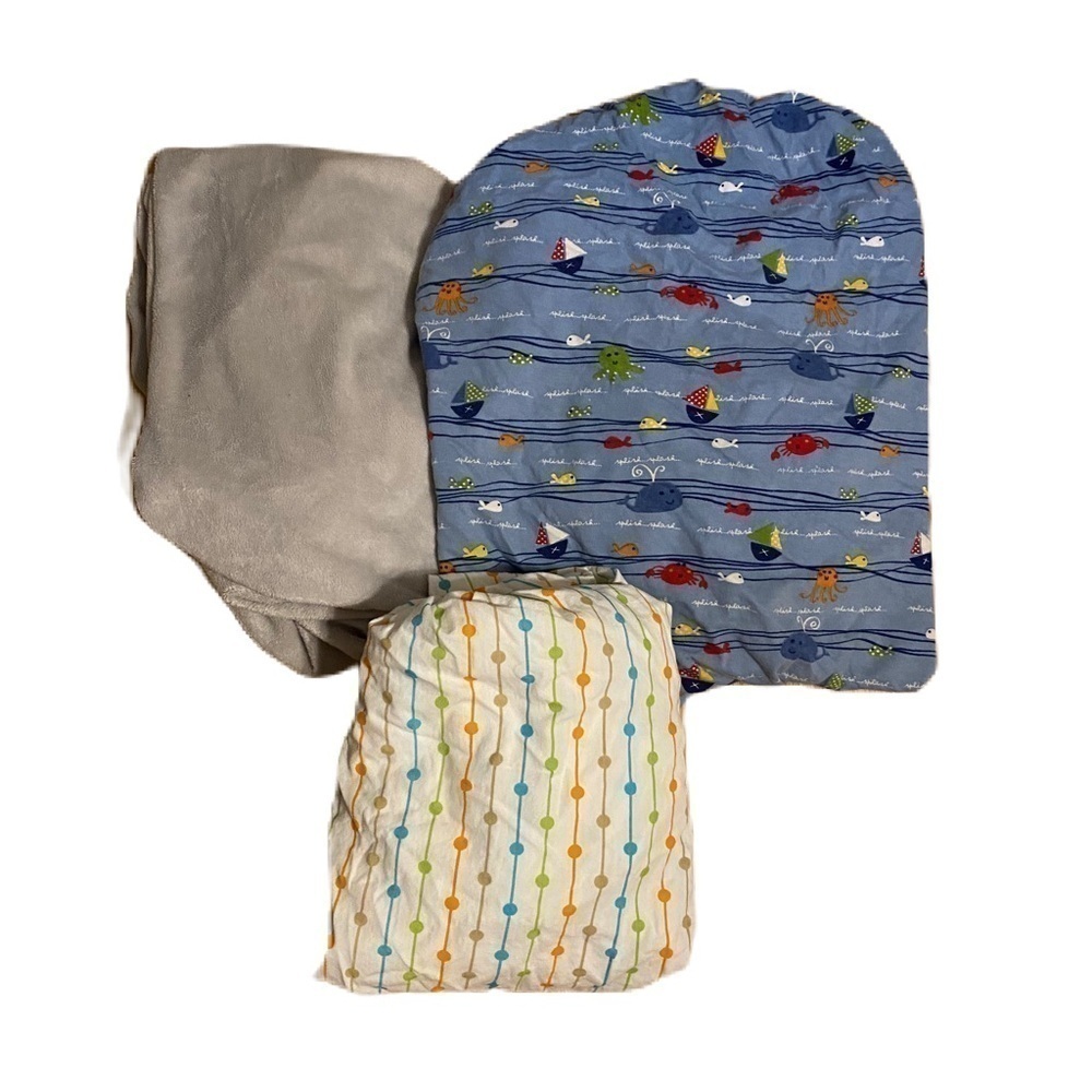 Boy Crib Sheet & Plush Changing Table Cover Bundle Lot Set Blue Fish Sailboat